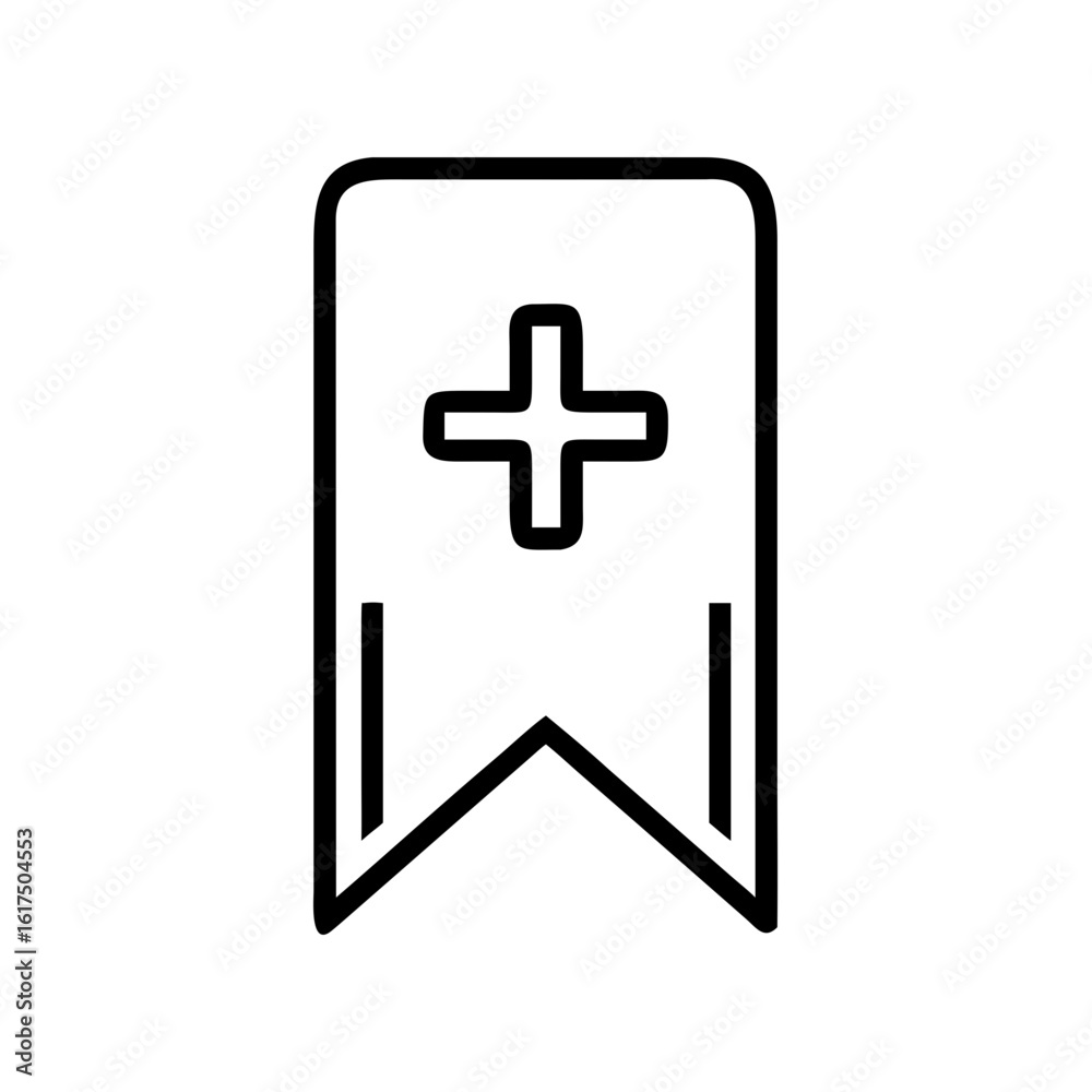 Poster outline drawing of a bookmark with a plus sign in the middle and a forked bottom edge design element