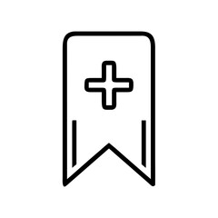 Obraz premium Outline drawing of a bookmark with a plus sign in the middle and a forked bottom edge design element