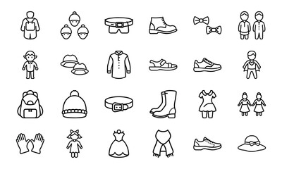 Outline Icon Set of Clothing and Accessories for Men, Women, and Children – Fashion Apparel Collection Including Shoes, Hats, Bags, Belts, and More – Minimal Line Art Style for Web, App, and Print Us
