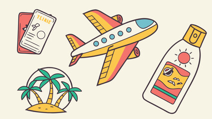 Travel Essentials Featuring Airplane Passport Sunblock and Island Illustration