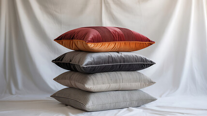Stack of four decorative throw pillows in various colors and patterns