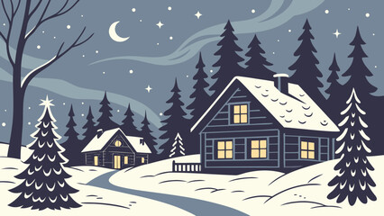 Winter christmas scene with cabin in snowy landscape vector illustration holiday season background design