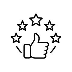 Illustration of a thumbs up hand gesture surrounded by five stars indicating positive feedback or approval