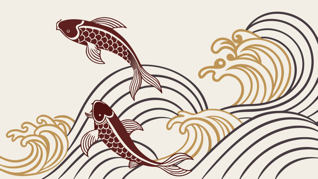 Japanese koi fish swimming in ocean waves vector art illustration oriental theme design background style art