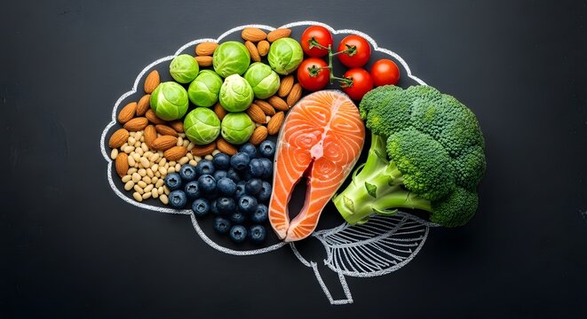 Brain shaped plate filled with healthy foods for optimal brain health and nutrition
