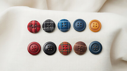 Ten assorted vintage buttons on textured fabric textile