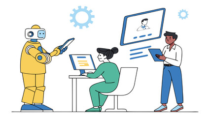 Two Professionals Collaborating with a Robot and Digital Interfaces in Modern