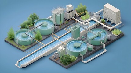 Isometric illustration of wastewater treatment plant facility with filtration system. Concept of environmental sustainability.