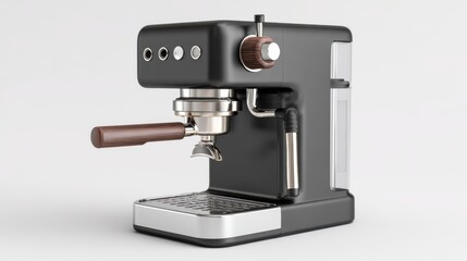 A single, ultra sharp 4K photorealistic image of a small countertop espresso maker, sleek design, clean and pristine, perfectly isolated on a pure white background. Studio lighting, sharp focus on