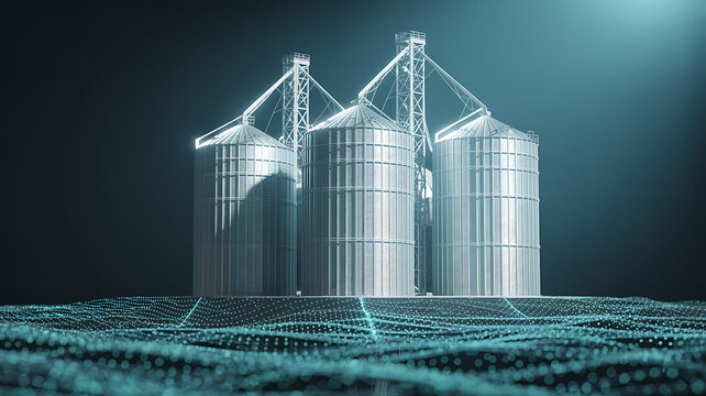 Three silver industrial grain silos on digital grid