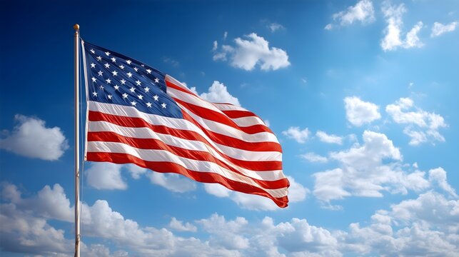 American flag waving in breeze with blue sky and clouds. Concept of national pride for Labor Day.
