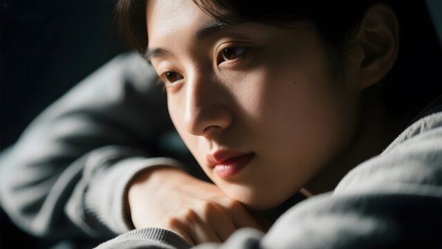 A person in a contemplative pose, resting their head on their hand with a soft, introspective expression.