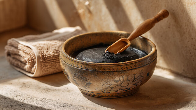 Moroccan black soap in ceramic bowl with wooden scoop spa setting
