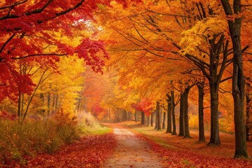 Fototapeta premium A vibrant autumn path lined with colorful trees and fallen leaves