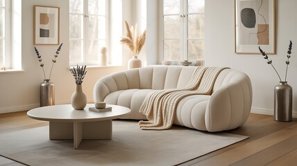 Obraz premium Modern living room with curved sofa and decorative elements