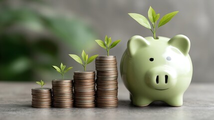 Green piggy bank with sprout and coins for eco savings concept
