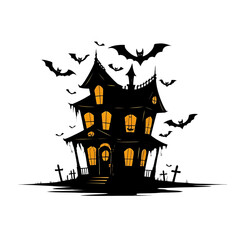 Spooky haunted house glowing with eerie light on Halloween night casting on transparent background