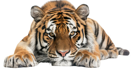 Fototapeta premium Full view of relaxed tiger laying sideways with intricate fur detail, sharp whiskers, calm gaze, real look, full view, on white background, 4k, unique, no blur, clear view