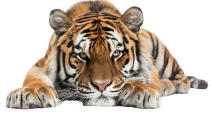 Full view of relaxed tiger laying sideways with intricate fur detail, sharp whiskers, calm gaze, real look, full view, on white background, 4k, unique, no blur, clear view