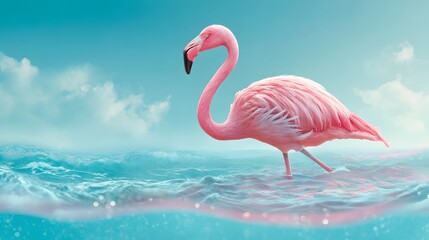 Pink flamingo wading in turquoise water.