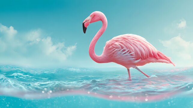 Pink flamingo wading in turquoise water.