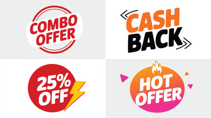 Attractive Marketing Badges Depicting Combo Offer, Cash Back, 25 Percent Off, and Hot Offer Sale Promotions