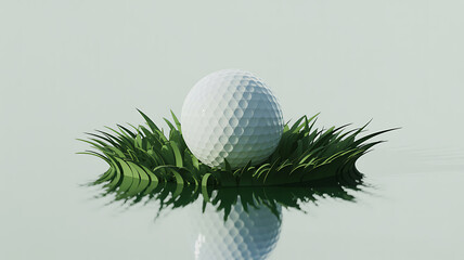 White golf ball resting on green grass with reflection