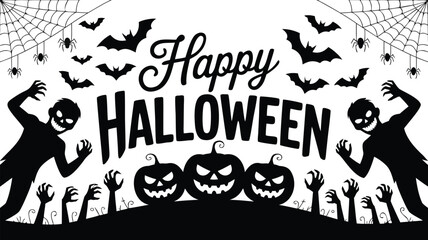 Naklejka premium Black and White Happy Halloween with Zombies, Pumpkins, Bats, Spiders and Web Illustration