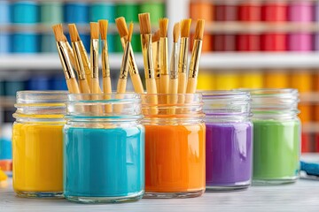 Colorful paintbrushes in mason jars