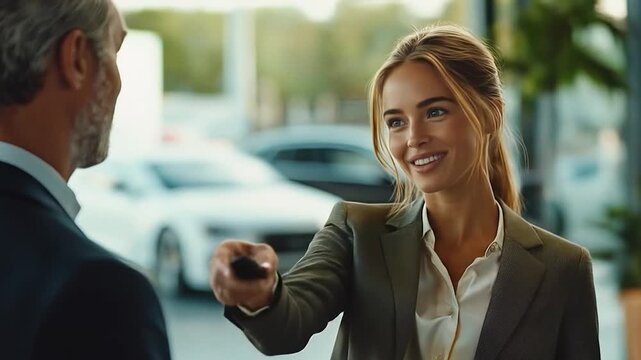 Happy Woman handing car keys with dealership.