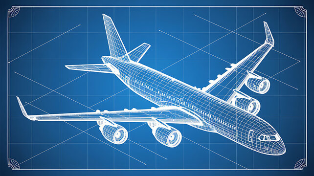 White wireframe airplane blueprint on blue grid background