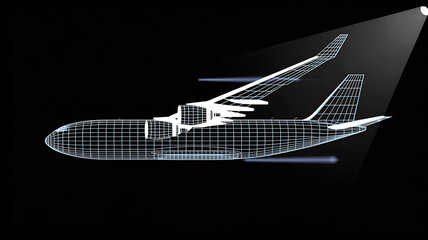 Wireframe Airplane Blueprint Spotlighted on Black Background
