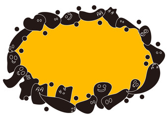 おばけたちの円形フレーム・黄色背景・かわいい、黒おばけたち・ハロウィン配色