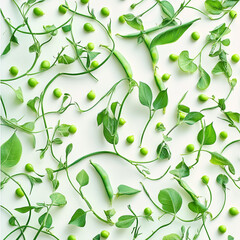 Obraz premium Green pea pods and leaves scattered on white background peas