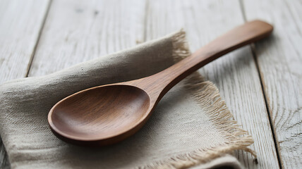 Wooden spoon on linen fabric over weathered wood kitchen utensil
