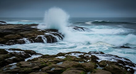 Obraz premium Ocean waves crashing against rocky shoreline, creating a splash under a cloudy sky.