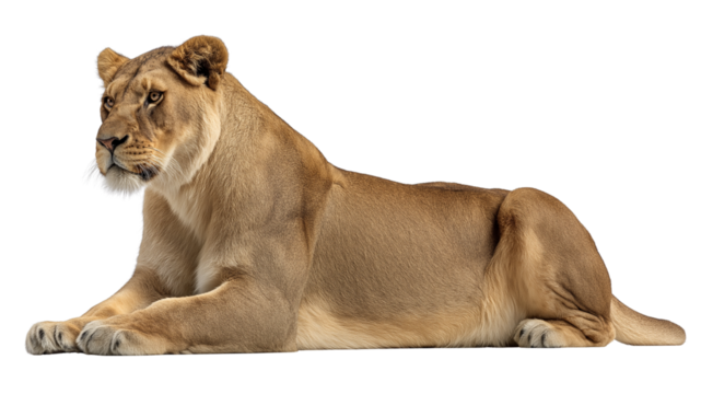 Sleek lioness in natural side pose, muscles defined, attentive expression, real look, full view, on white background, 4k, unique, no blur, clear view