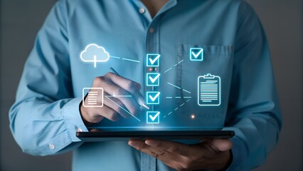 Person interacting with digital checklist on tablet with cloud and document icons displayed