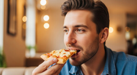 Smiling young man enjoys eating delicious cheesy pizza in cozy restaurant, savoring meal with relaxed expression and happy mood during casual outing