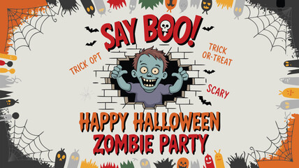 Obraz premium Cartoon Zombie Bursting Through Wall at Halloween Zombie Party with Say Boo! Sign