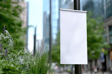 Blank white banner hanging from a streetlight in an urban setting