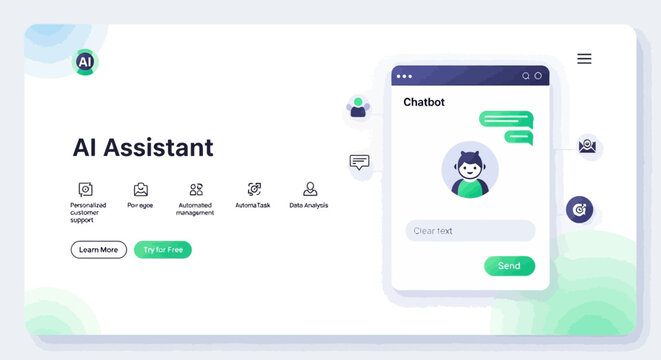 AI Assistant Webpage Design Featuring a Chatbot and Service Icons
