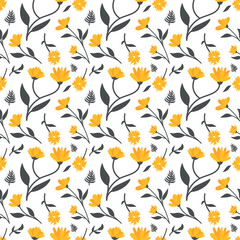A seamless floral pattern white background. The design has a flat, modern style, ideal for textiles, packaging, wallpapers, and spring-themed projects