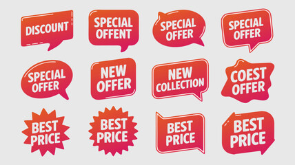 Obraz premium Collection of Red and White Sale Tags and Labels Featuring Discounts and Best Prices