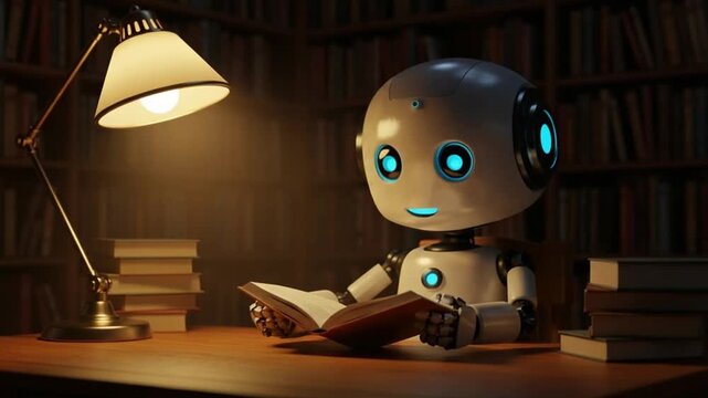A robot reads a book in a dimly lit library