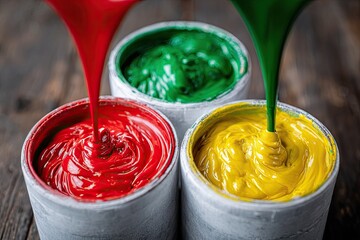 Colored inks being poured into containers