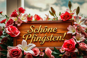 A greeting board reading “Schöne Pfingsten!” is arranged against a soft floral background featuring blooming flowers.