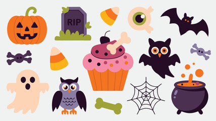 Fototapeta premium Colorful Halloween Icons Pumpkin, Bat, Ghost, Owl, Tombstone, Cauldron, Spiderweb, Cupcake, Candy Corn