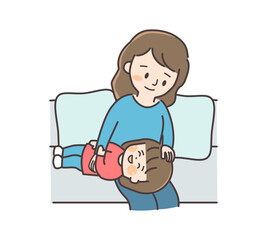 ソファで母親の膝の上に横たわる子供と、子供の話を聞いている母親のイラスト