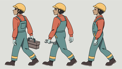 Walking Construction Worker Carrying Toolbox in Safety Gear on Gray Background
